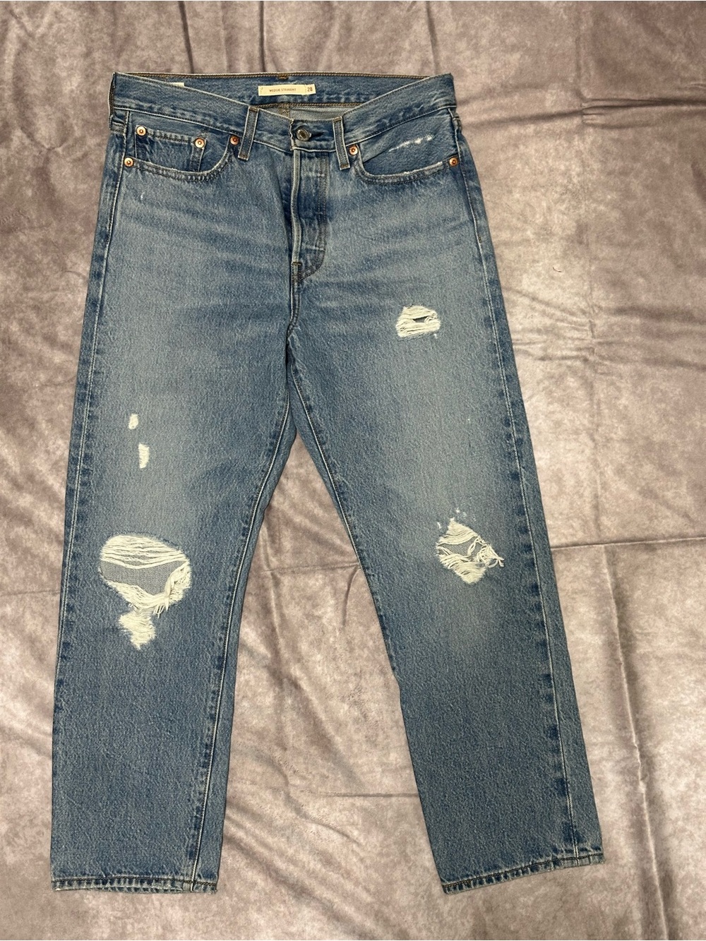 Levi's Women's Wedgie Straight Leg Distressed Denim Jeans - Medium Blue